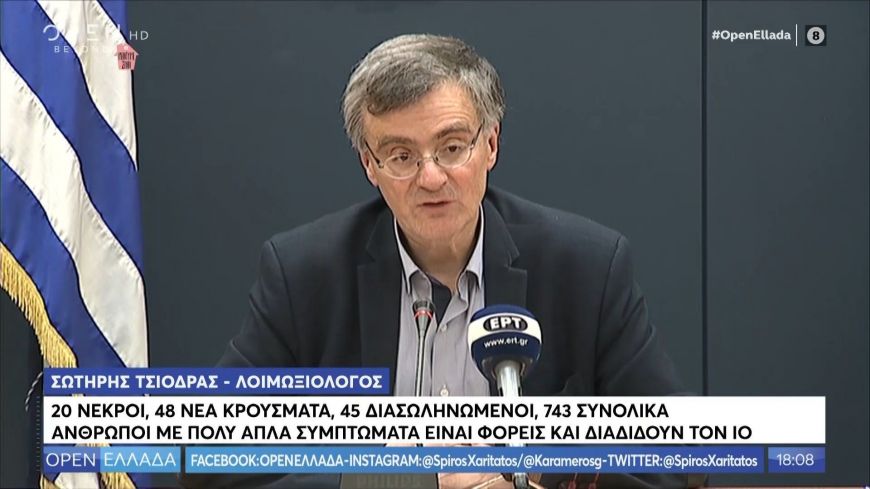 Σωτήρης Τσιόδρας: 20 νεκροί, 48 νέα κρούσματα, 45 διασωληνωμένοι, 743 συνολικά